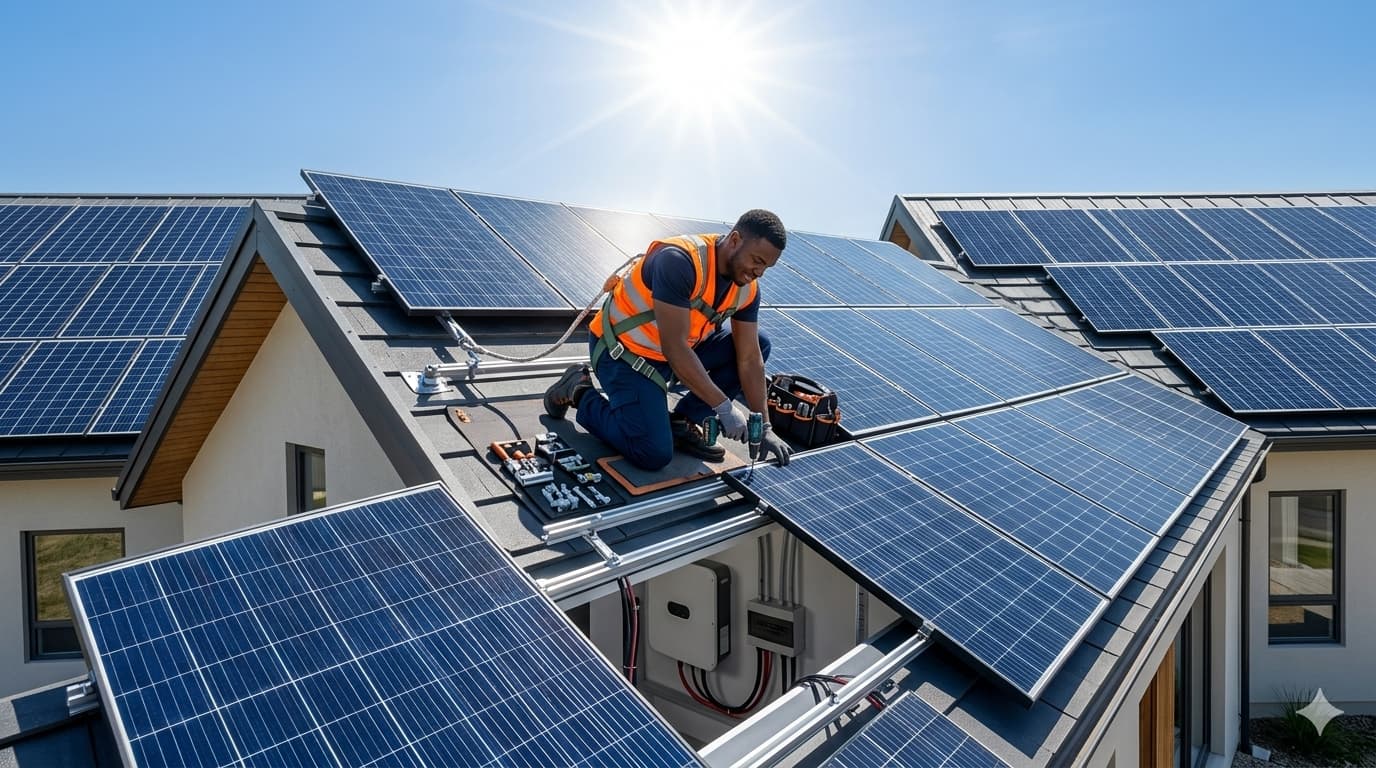 A PowerNexa Solutions technician installing solar panels on a home roof in bright sun