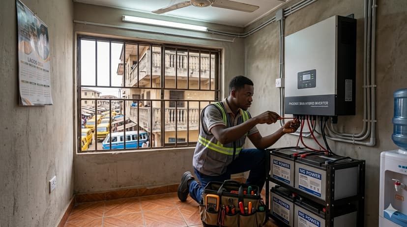 Technician wiring an inverter and battery bank inside a Lagos home