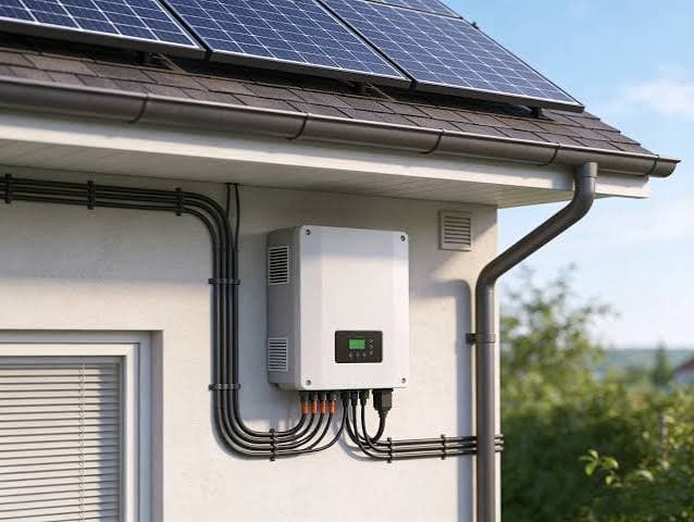 Rooftop solar panels wired to a wall-mounted inverter